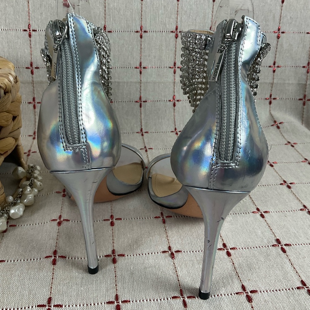 SCHUTZ “Lory” Iridescent Silver Leather Crystal Fringe Ankle Strappy Heels 6.5 - Picture 4 of 12